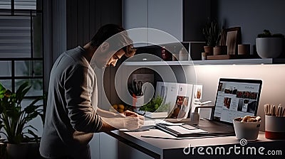 A person working on his project in the office on the refrigerator Stock Photo