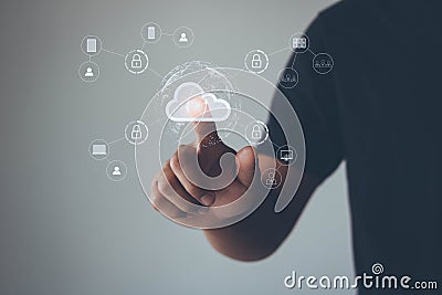 Person working on his smartphone in the home office selects icon cloud on the virtual display. cloud computing technology, Stock Photo