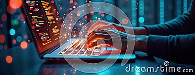 Person working on laptop creating website design. Hands type on laptop keyboard. Holographic server room data center background. Stock Photo
