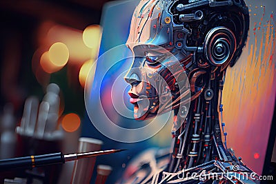 Person working on robot with pencil, creating cyborg design. Man designed robot, generative ai Stock Photo