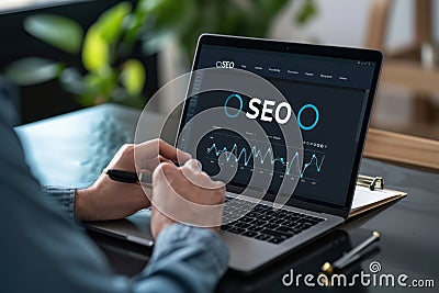 Person working on SEO strategy on a laptop, analyzing data and optimizing website performance in a professional setting Stock Photo