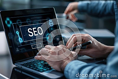 Person working on SEO strategy on a laptop, analyzing data and optimizing website performance in a professional setting Stock Photo