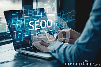 Person working on SEO strategy on a laptop, analyzing data and optimizing website performance in a professional setting Stock Photo
