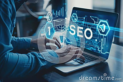 Person working on SEO strategy on a laptop, analyzing data and optimizing website performance in a professional setting Stock Photo