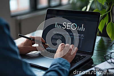 Person working on SEO strategy on a laptop, analyzing data and optimizing website performance in a professional setting Stock Photo
