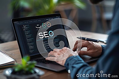 Person working on SEO strategy on a laptop, analyzing data and optimizing website performance in a professional setting Stock Photo