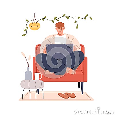 Person works at laptop online in internet, sitting in armchair at home. Young man, freelancer at notebook computer Vector Illustration