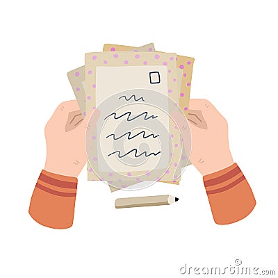 Person writes letter. Hand holding envelope with greeting. Vector Illustration