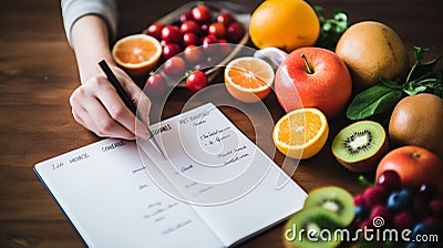 a person writes a meal plan with vegetables. Generative AI Stock Photo