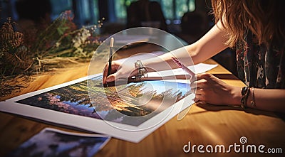 person writing in a notebook, engineer planning house Stock Photo