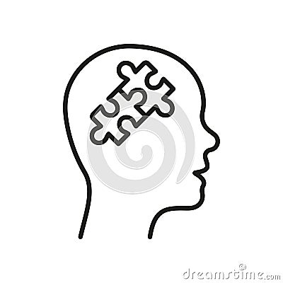 Person's Brain and Jigsaw, Creation Idea Concept Linear Pictogram. Solution in Human Head Line Icon. Thinking Vector Illustration