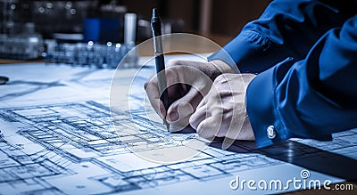 Person& x27;s engineer Hand Drawing Plan On Blue Print. AI Stock Photo