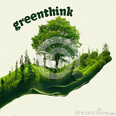 A person's hand holding a tree with the words green think on it Stock Photo