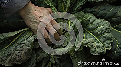 A person's hand is touching a large bunch of green leaves, AI Stock Photo