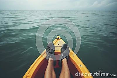 A person in a yellow kayak is sitting in kayak AI generation Stock Photo