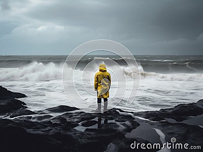 A person in a yellow raincoat standing on rocks in front of the ocean. AI generative image. Stock Photo