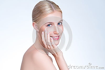 Personable beautiful woman with perfect smooth skin portrait. Stock Photo