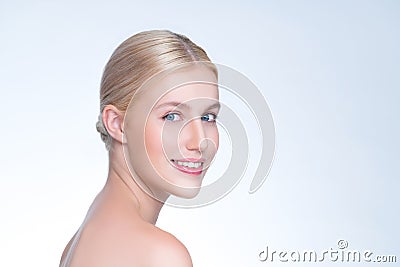 Personable beautiful woman with perfect smooth skin portrait. Stock Photo