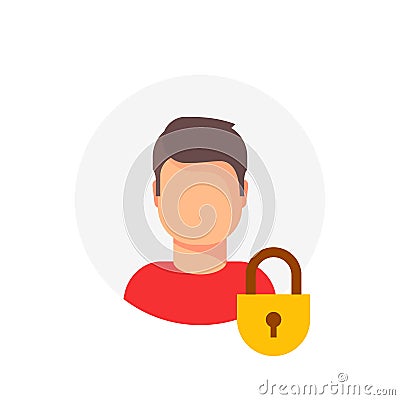 Personal account private protection or locked vector icon, flat cartoon person profile protected with closed lock Vector Illustration