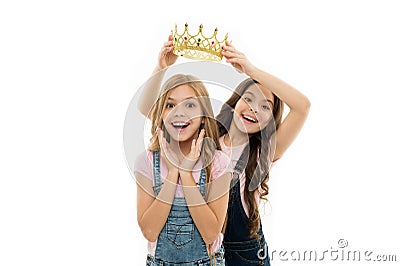 Personal appreciation. Kid wear golden crown symbol princess. Every girl dreaming become princess. Little princess Stock Photo