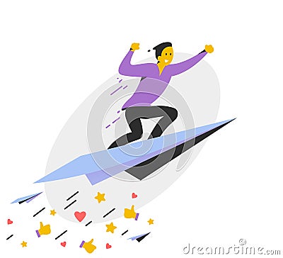 Personal brand design concept with business man flying upwards on paper plane, positive feedback like and thumb up icons. Vector Illustration