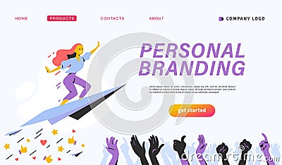 Personal brand design concept with business woman fly upwards on paper plane, like thumb up icons, human hands celebrate and appla Vector Illustration