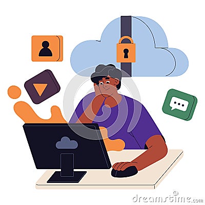 Personal cloud storage concept. People backup private data on locked virtual store. Digital server, service upload Vector Illustration