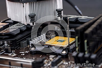 Personal computer motherboard with different details close up Stock Photo