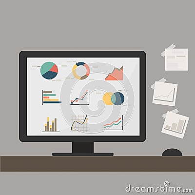 Personal computer with static graph icon Vector Illustration