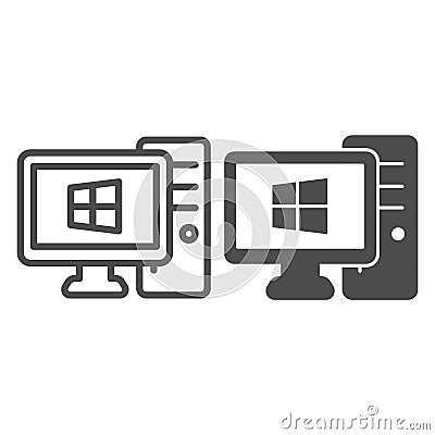 Personal computer with windows line and solid icon, windows pack concept. Vector graphics. Monitor and system unit Vector Illustration