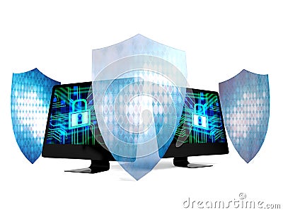 Personal computers protected by security system and technology shields Stock Photo