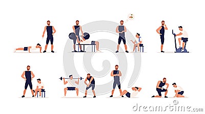 Personal couch or fitness trainer helps man during strength, power or cardio training, weight lifting, gym workout Vector Illustration