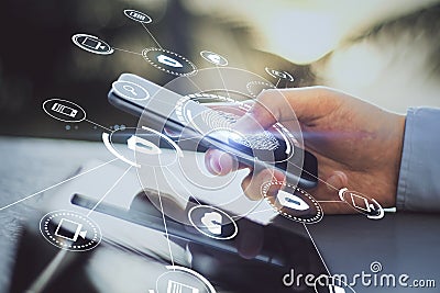 Personal data information security with modern cell phone in man hand and virtual screen with digital security icons and Stock Photo