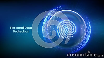 Personal data protection. Biometrics identification. Cyber security. Password control. Fingerprint icon inside transparent sphere Cartoon Illustration