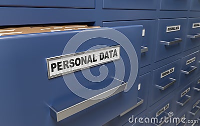 Personal data protection and privacy concept. A lot of cabinets with documents and files. 3D rendered illustration Cartoon Illustration