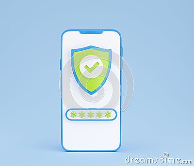 Personal data secure 3d render - checkmark shield and password field on mobile phone screen. Stock Photo