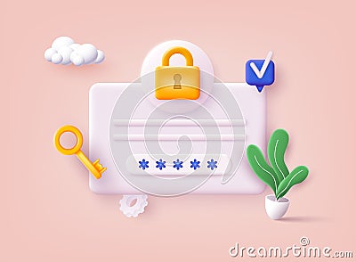 Personal data security concept. Secure information transfer background. 3D Vector Illustration