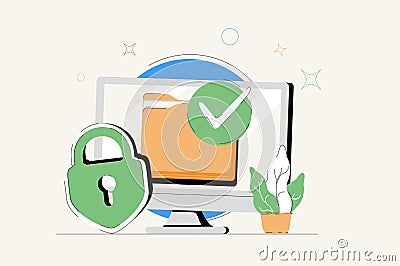 Personal data security in isometric vector illustration. Online file server protection system concept with folder. Vector Illustration
