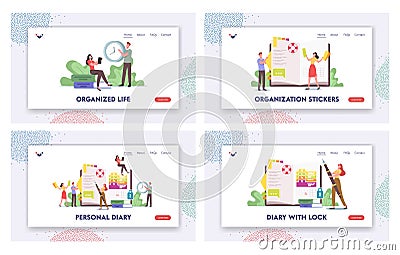 Personal Diary Landing Page Template Set. Tiny Characters at Huge Organizer Writing Notes, Planning Deals, Filling List Vector Illustration