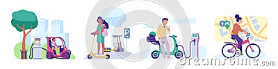 Personal eco city transport. Electric vehicles drivers. Charging station. Parking lots. People with scooter and bicycle Vector Illustration