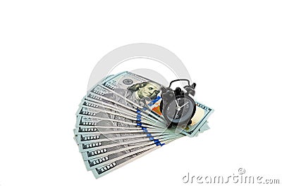 Personal expenses concept. Background information on financial analysis. Banknotes Pile, Dollars and Alarm Clock on White Backgrou Stock Photo