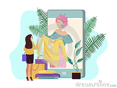 Personal fashion stylist online, vector illustration. Fashion consultant service in large smartphone, woman character Vector Illustration