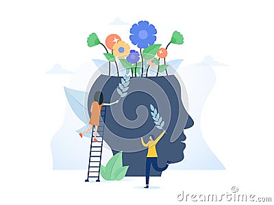 Personal growth. Tiny man watering that growing plant from the brain as metaphor growth personality. Self-improvement. Vector Illustration