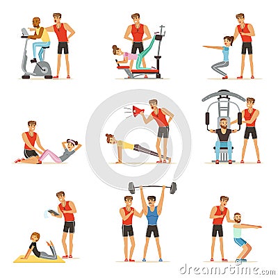 Personal gym coach trainer or instructor set, people exercising under control of personal trainer of vector Vector Illustration