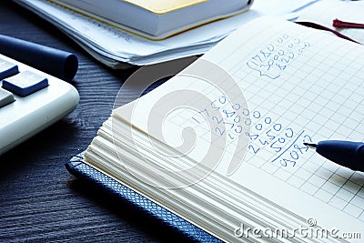 Personal or Home finances. Calculator, money and notepad with figures. Stock Photo