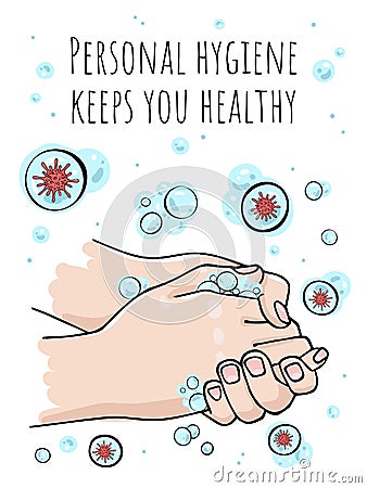 Personal hygiene and disease prevention poster. Hands cleansed of the virus Cartoon Illustration