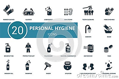 Personal Hygiene icon set. Contains editable icons personal hygiene theme such as glasses, ear sticks, hand washing and Vector Illustration