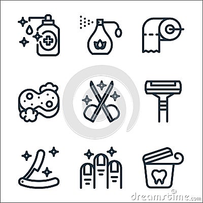 personal hygiene line icons. linear set. quality vector line set such as dental floss, nails, razor, razor, scissors, sponge, Vector Illustration