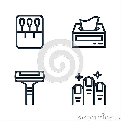 personal hygiene line icons. linear set. quality vector line set such as nails, razor, tissue paper Vector Illustration