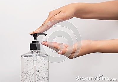 Personal hygiene. people washing hand by hand sanitizer alcohol gel for cleaning and disinfection, prevention of germs Stock Photo